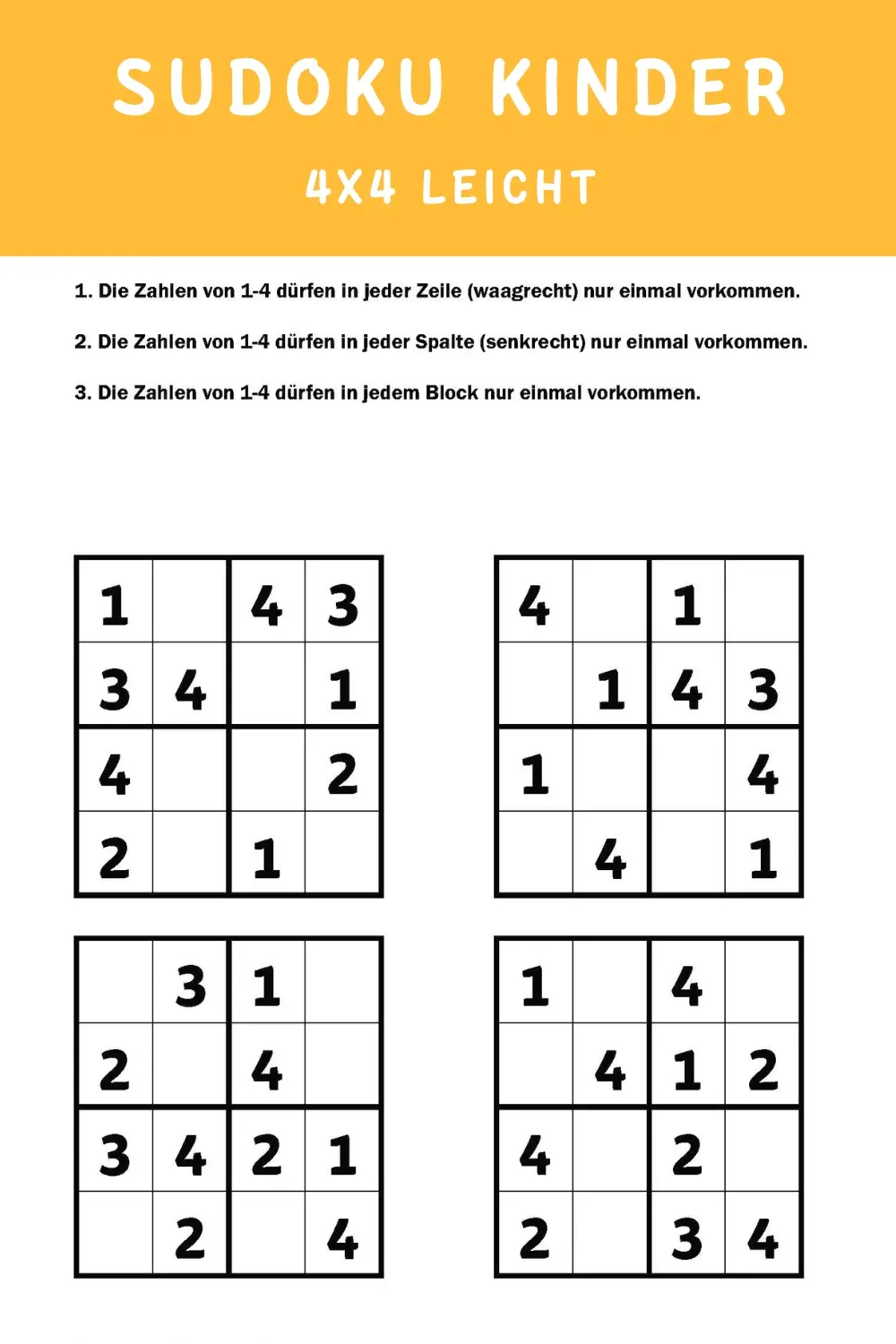 4x4 Sudoku, leichte Schwierigkeit, gut geeignet für Kinder ab 6 Jahren